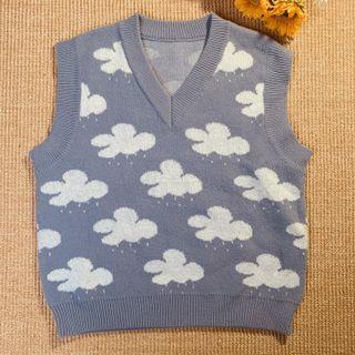 V-neck Jacquard Knit Vest Blue - One Size