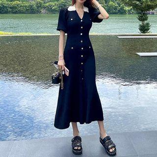 Contrast Collar Midi Mermaid Dress Black - One Size