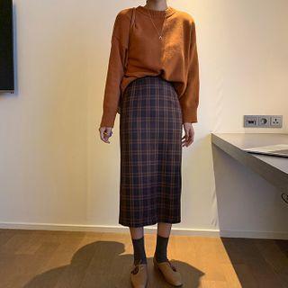 Buttoned Back Sweater / Plaid Pencil Skirt