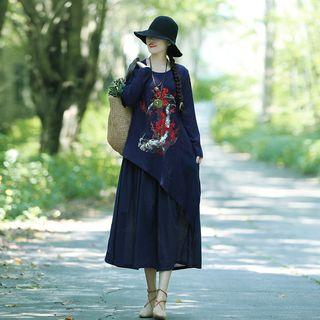 Embroidered Long-sleeve Mock Two-piece Midi Dress