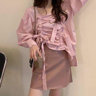 Smocked Blouse / Faux Leather Mini Skirt