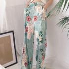 Floral Wide Leg Pants Light Green - One Size