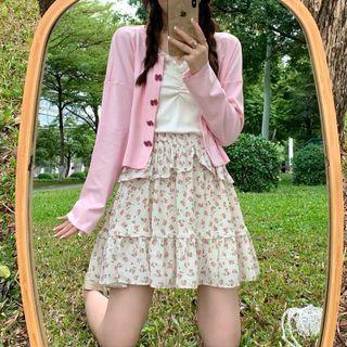 Long-sleeve Plain Cropped Cardigan / Ruffle Trim Plain Camisole / High-waist Floral Ruffle Trim Skirt