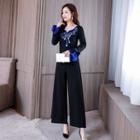 Bell-sleeve Embroidered Top / Wide Leg Pants