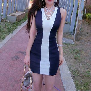 Sleeveless Color Block Lace-up Mini Bodycon Dress
