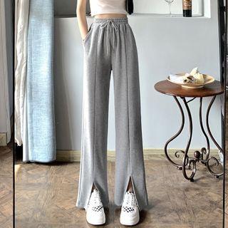 Drawstring Plain Hem-slit Wide-leg Sweatpants