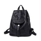 Faux Leather Pleated Flap Backpack Black - One Size