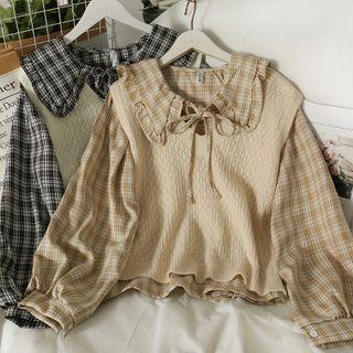 Set: Light Knit Vest + Tie-neckline Ruffle-trim Plaid Blouse