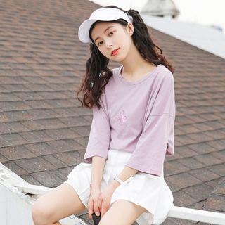 3/4-sleeve Embroidered T-shirt Purple - One Size
