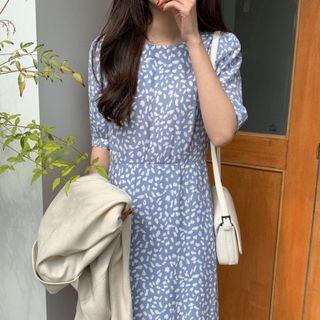 Puff-sleeve Floral Print Open-back Midi A-line Dress Blue - One Size