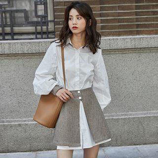 Set: Long-sleeve Mini Shirtdress + Mini A-line Slit Skirt
