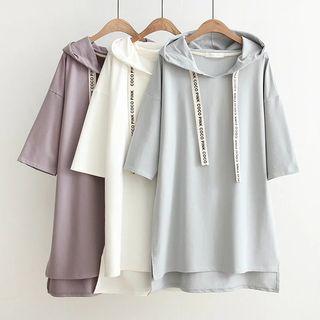 Elbow-sleeve Hooded Long T-shirt