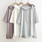 Elbow-sleeve Hooded Long T-shirt