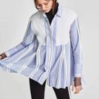 Long-sleeved Open-front Loose-fit Striped Blouse