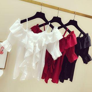 Cutout-shoulder Ruffled Trim Top