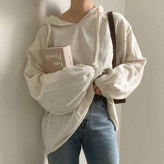 Puff-sleeve Drawstring Plain Hoodie