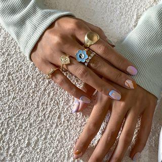 Set: Yin And Yang / Rhinestone / Alloy Ring 2403 - Blue & Gold - One Size