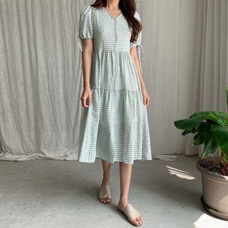 Puff-sleeve Check Tiered Dress