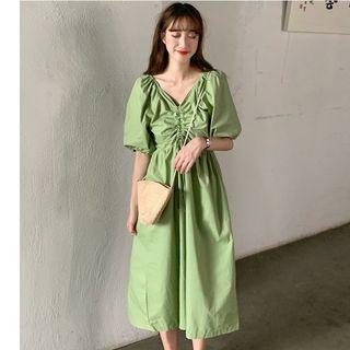 Puff-sleeve Drawstring A-line Midi Dress