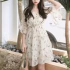 Elbow-sleeve Floral Print Mini A-line Chiffon Dress