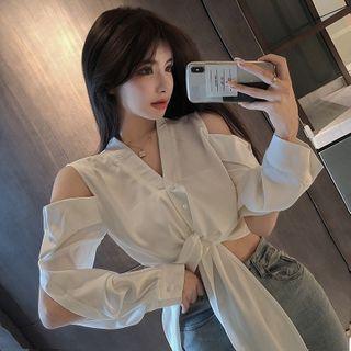 Long-sleeve Cold Shoulder Twist-front Crop Top