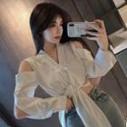 Long-sleeve Cold Shoulder Twist-front Crop Top