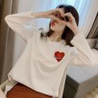 Long-sleeve Heart Applique Safety Pin T-shirt White - One Size