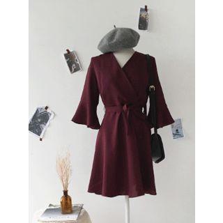 3/4-sleeve Wrap-front Mini Dress With Sash