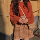 Cable Knit Sweater / Plaid Mini A-line Skirt / Set