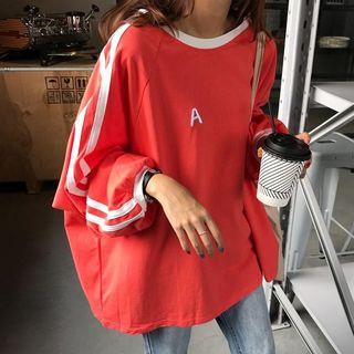 Long-sleeve Striped Trim Embroidered Letter T-shirt