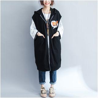 Printed Hooded Zip-up Long Vest