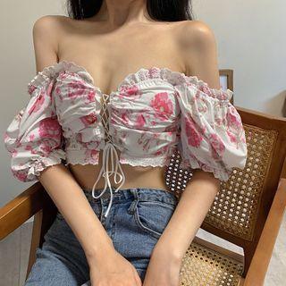 Lace Trim Puff-sleeve Lace-up Cropped Blouse