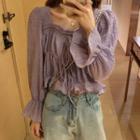 Flared-cuff Lace-up Shirred Blouse Cream Purple - One Size