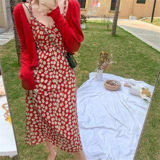 Flower Print Spaghetti Strap Midi A-line Dress / Plain Cardigan