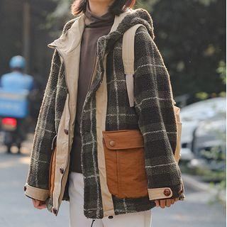 Plaid Hooded Faux Shearling Jacket