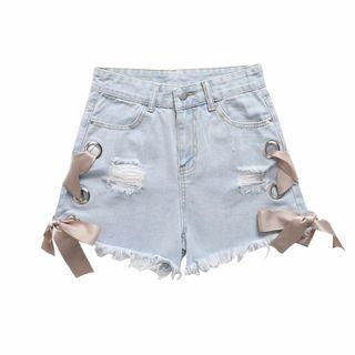 Distressed Lace-up Denim Shorts