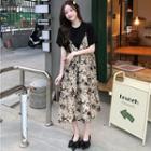 Set: Spaghetti Strap Floral Midi A-line Dress + T-shirt Set Of 2 - T-shirt & Dress - Black & Beige - One Size