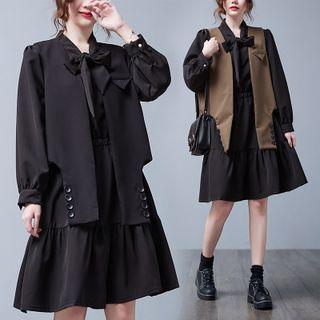 Set: Ribbon Tie-neck A-line Dress + Vest