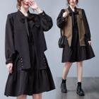 Set: Ribbon Tie-neck A-line Dress + Vest