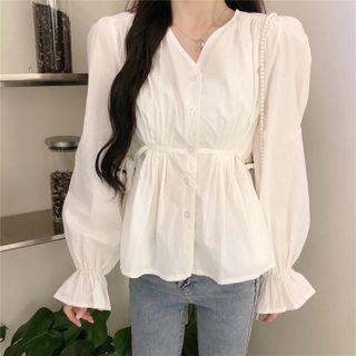 V-neck Drawstring Plain Puff Long-sleeve Top