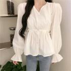 V-neck Drawstring Plain Puff Long-sleeve Top