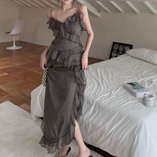 Spaghetti Strap Ruffle Maxi Sheath Dress