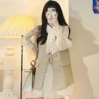 Flared-cuff Peter Pan-collar Mini Dress / Button-up Vest