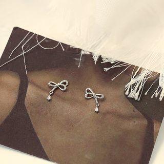 Rhinestone Bow Ear Stud 1 Pair - 925 Silver - Silver - One Size