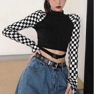 Checkerboard Print Panel T-shirt Black - One Size