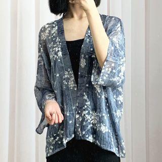 Flower Print Open Front Chiffon Jacket Blue & White - One Size