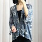 Flower Print Open Front Chiffon Jacket Blue & White - One Size