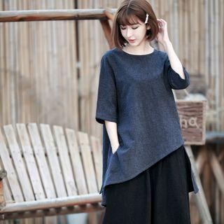Elbow-sleeve Asymmetric Linen Top