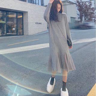 Long-sleeve Mesh Panel Midi Knit Dress