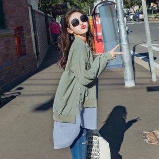 Mock Two Piece Striped Panel Bomber Jacket